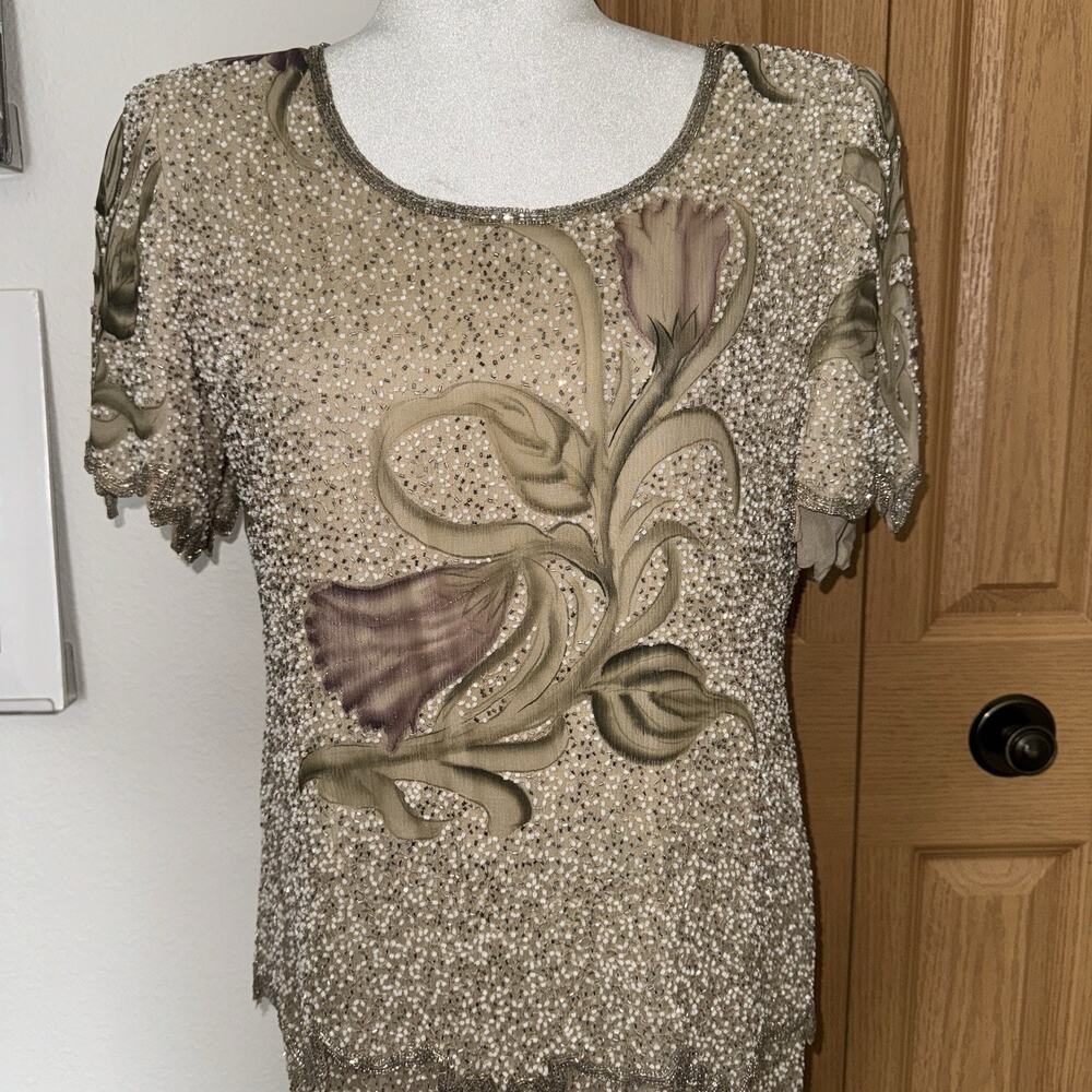 VTG Laurence Kazar Ivory Beaded Size 10 Full Length Mother of Bride Dress Silk - Picture 2 of 11